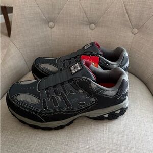 Skechers Men's Black and Gray Athletic Steel Toe Sneakers with Red Accents